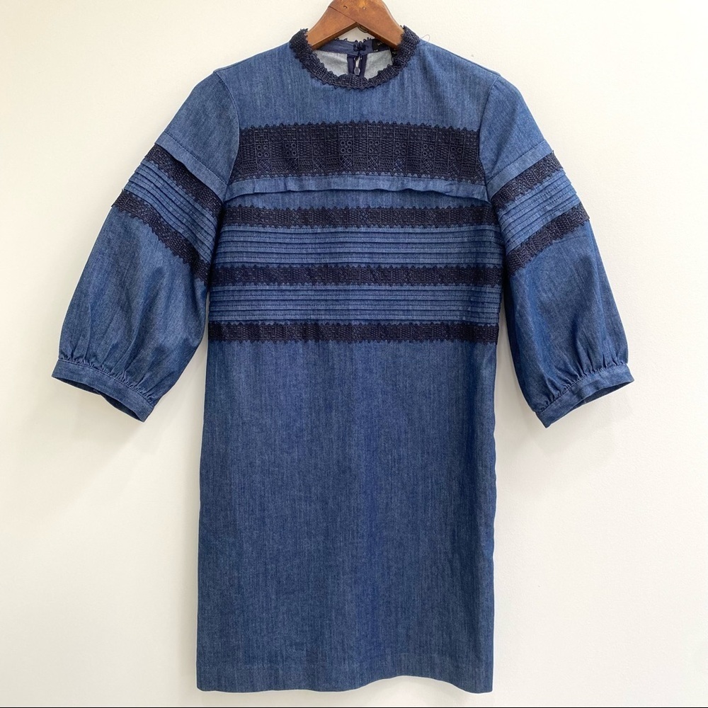 Banana Republic denim crochet lace shift dress balloon sleeves pockets size 4